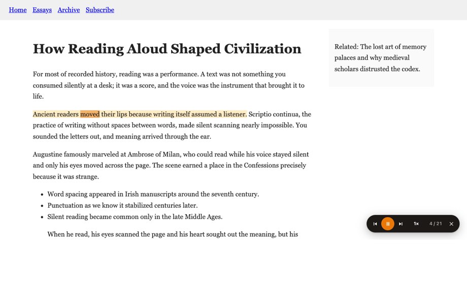 Loudr reading an article aloud with follow-along highlighting